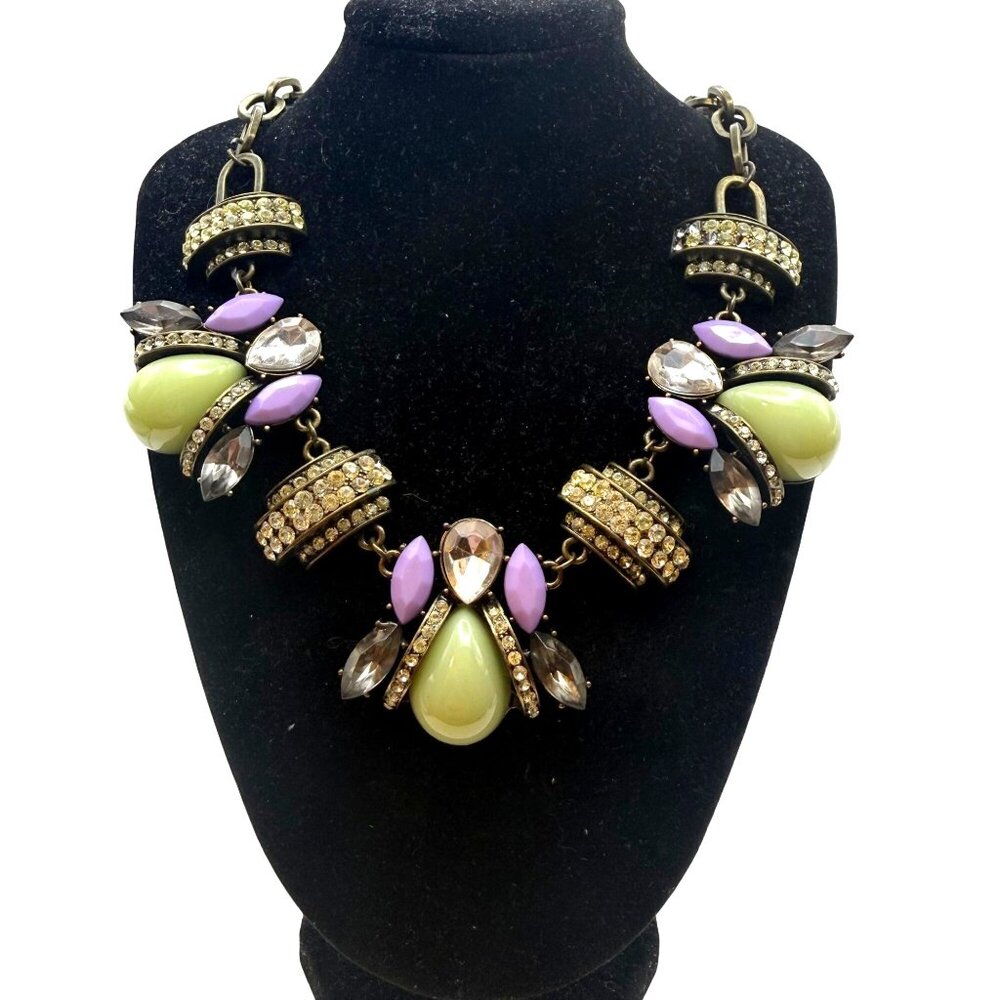 Vintage Statement Bib Necklace Rhinestone Purple Green Teardrop Chunky Boho Glam